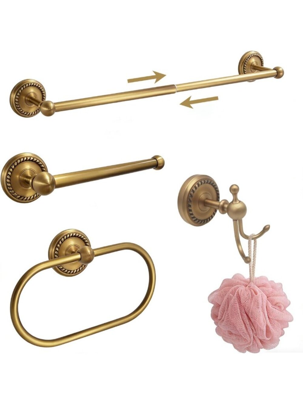 Vintage-Inspired 4-Piece Bathroom Hardware Set | Adjustable Towel Bar 13-24